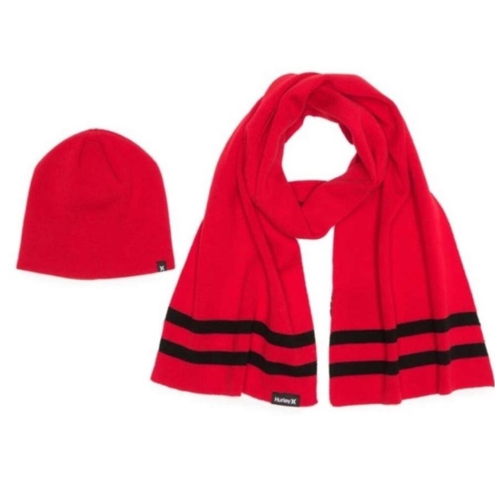 Hurley New Yorker Beanie & Scarf Set One Size Unisex 2pc Red/Black